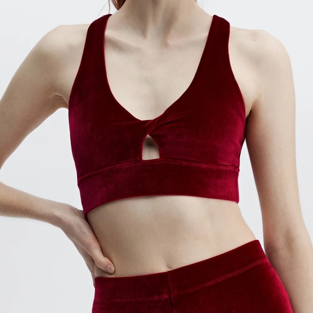 Fabletics Oasis Twist Velour Sports Bra size medium in cherry burst